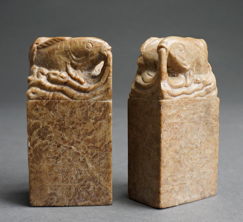PAIR CHINESE CARVED STONE FISH