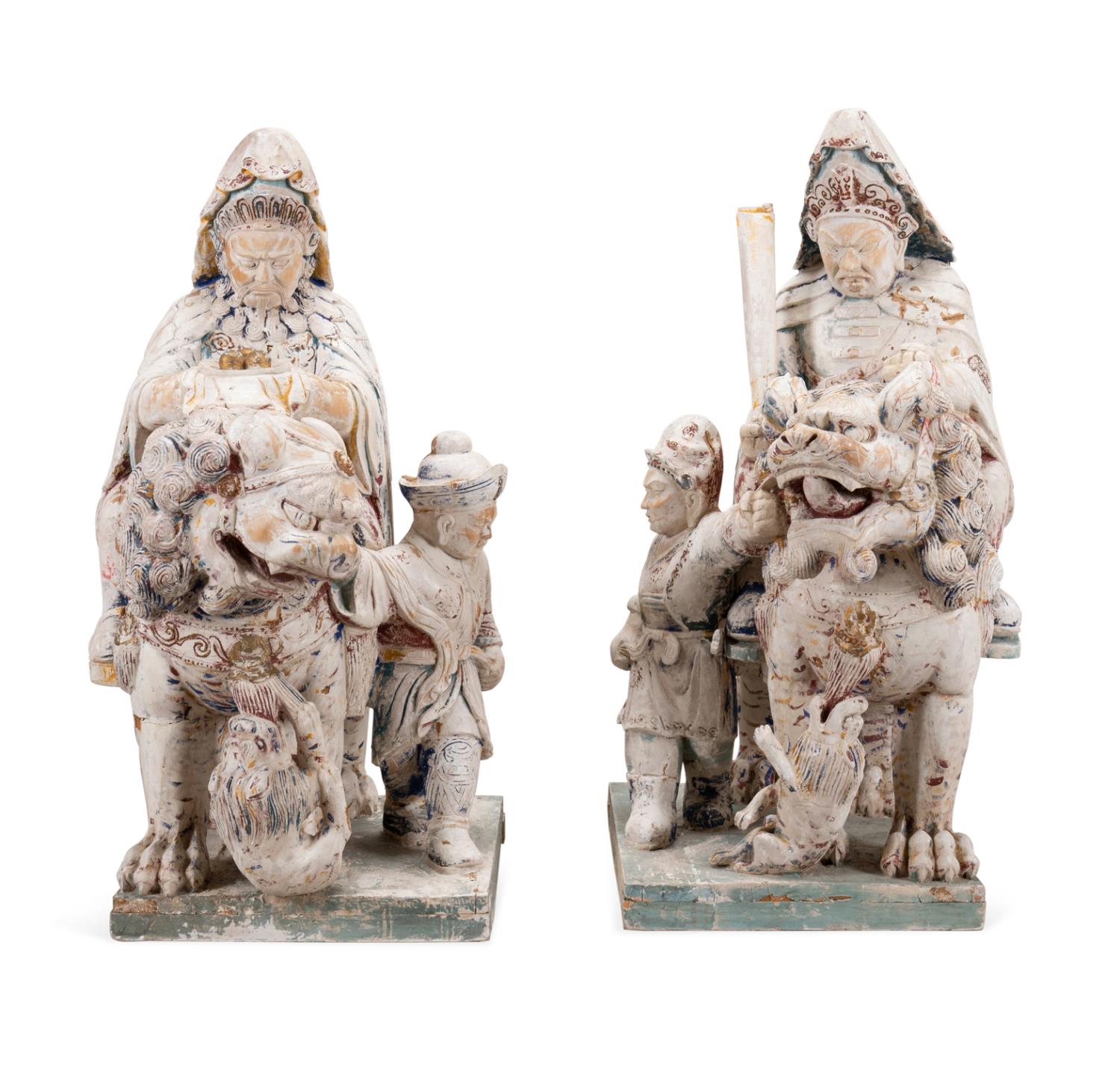 PAIR CHINESE CARVED WOOD DIETIES ON