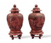 PAIR CHINESE CINNABAR CARVED C