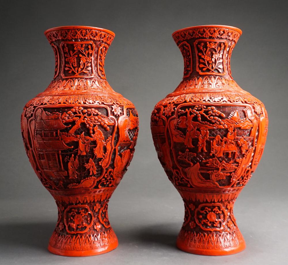 PAIR CHINESE CINNABAR VASES, H: