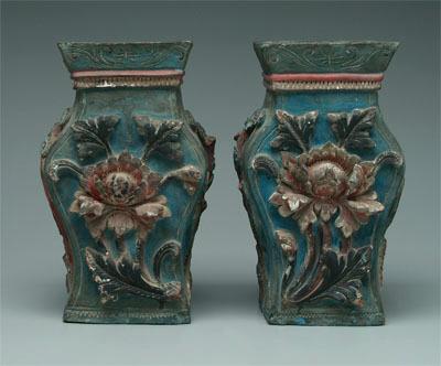 Pair Chinese clay vases: blue, red,