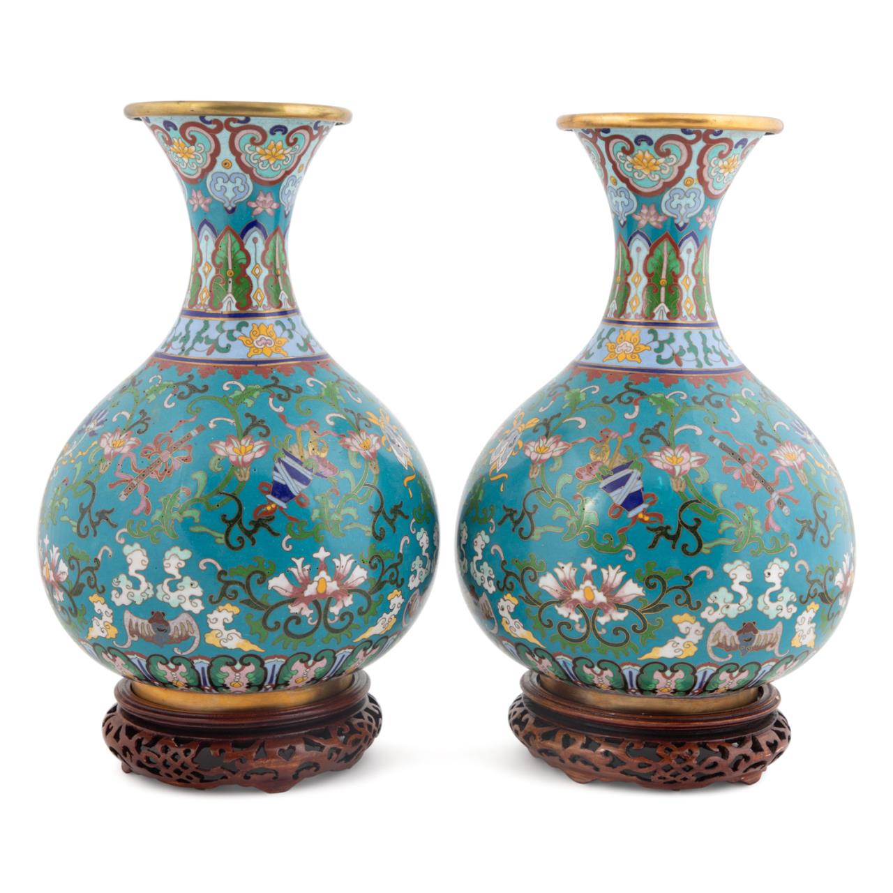 PAIR CHINESE CLOISONNE VASES ON