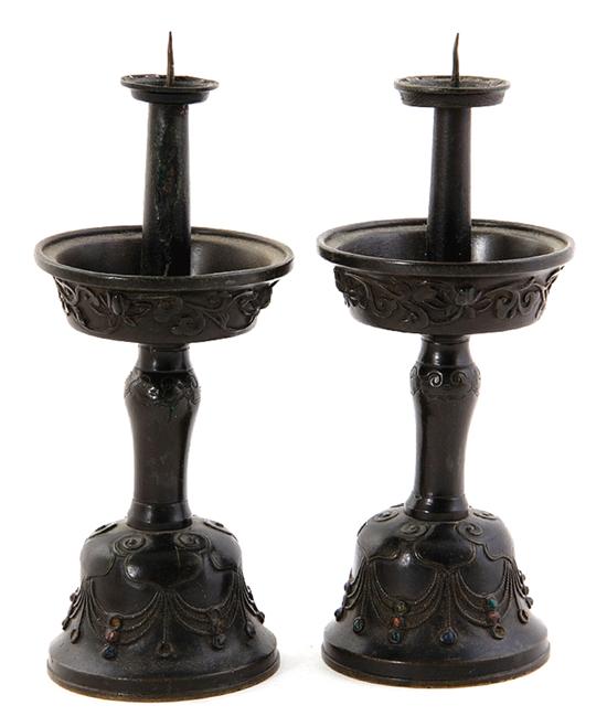 Pair Chinese gem-set bronze