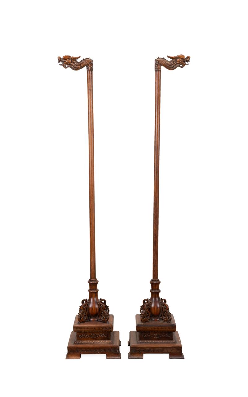 PAIR CHINESE HARDWOOD DRAGON LAMP