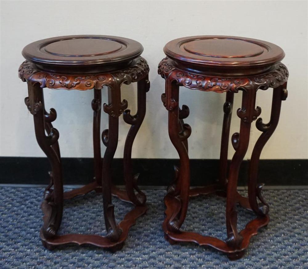 PAIR CHINESE HARDWOOD TABOURETS, H: