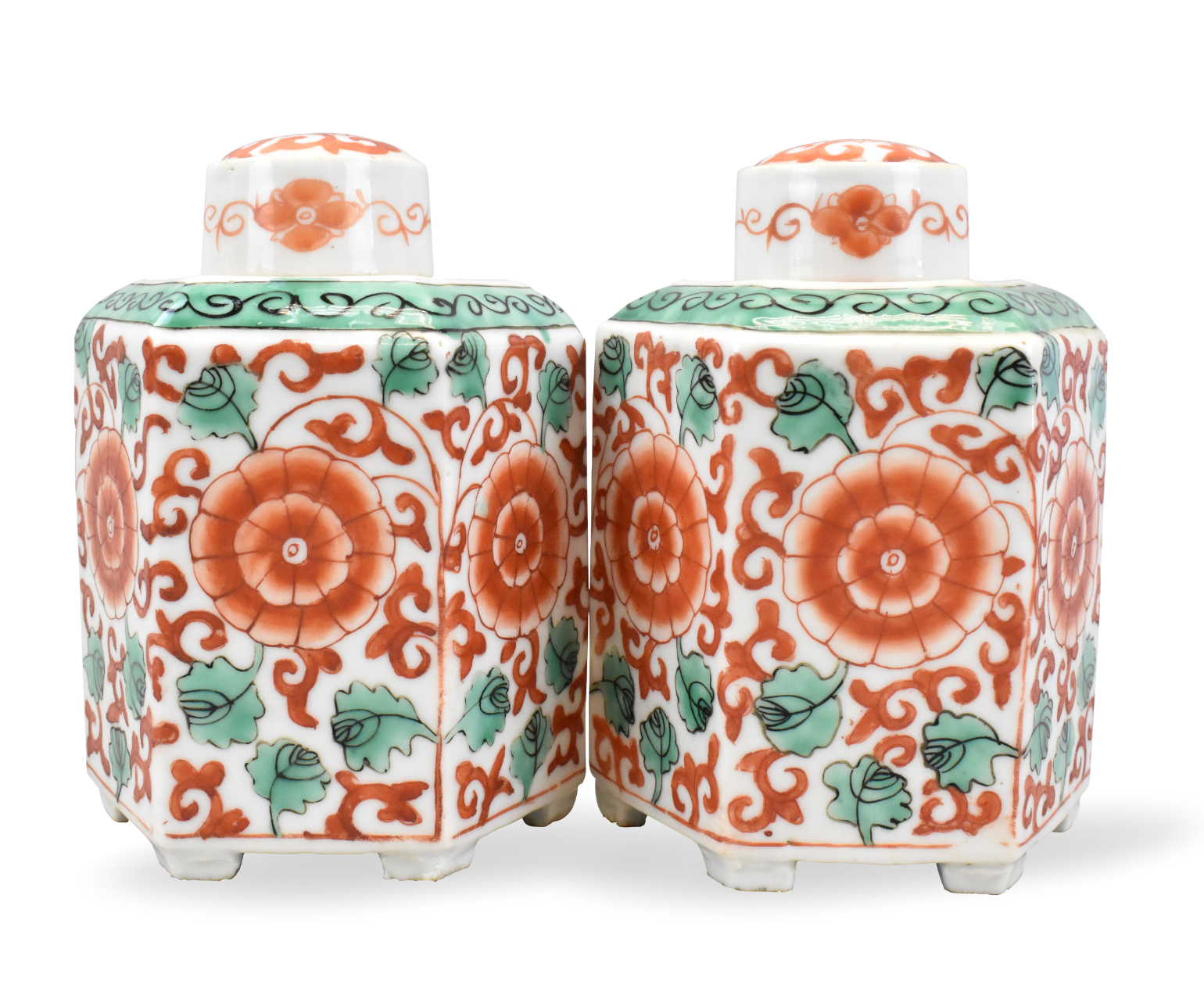 PAIR CHINESE IRON RED HEXAGONAL TEA