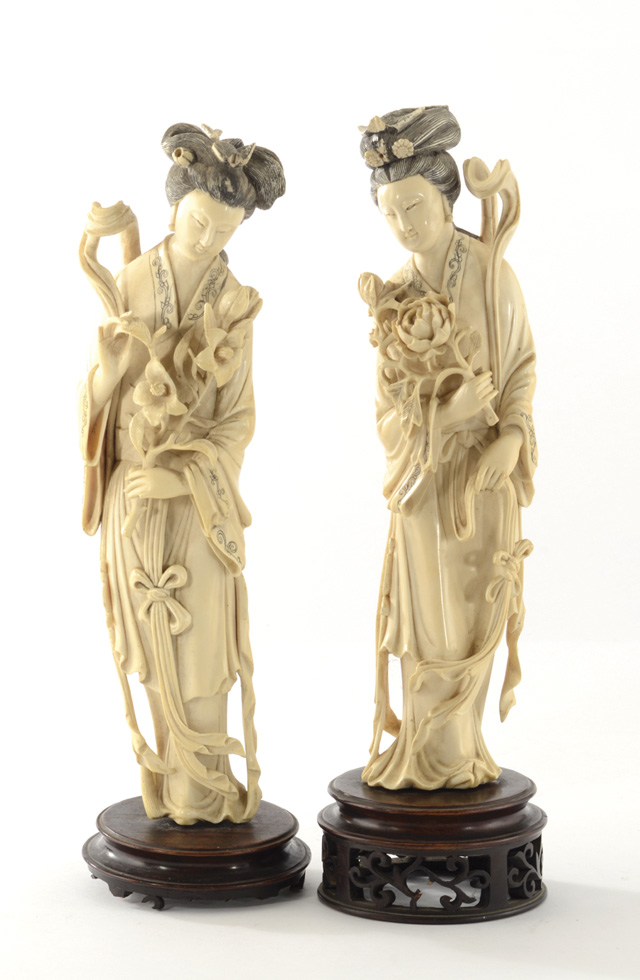 PAIR CHINESE IVORY CARVED FIGURES