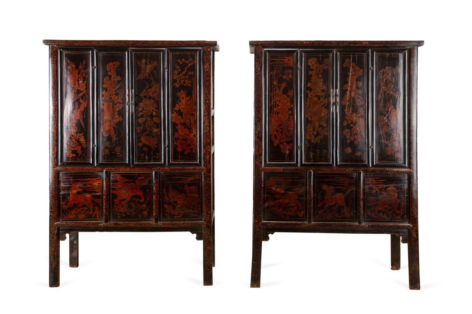 PAIR CHINESE LACQUER & HARDWOOD
