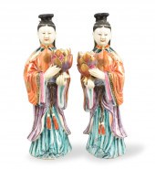 PAIR CHINESE LADY W/LOTUS CAND