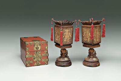 Pair Chinese lanterns, lacquer box: