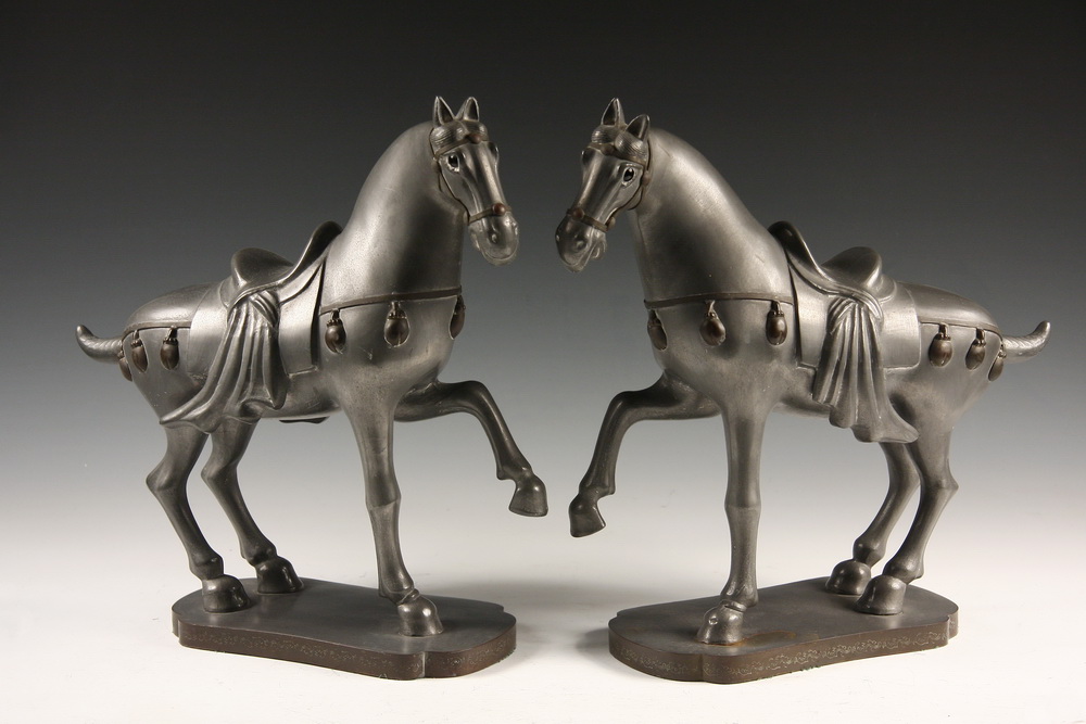 PAIR CHINESE PEWTER HORSES - 19th c