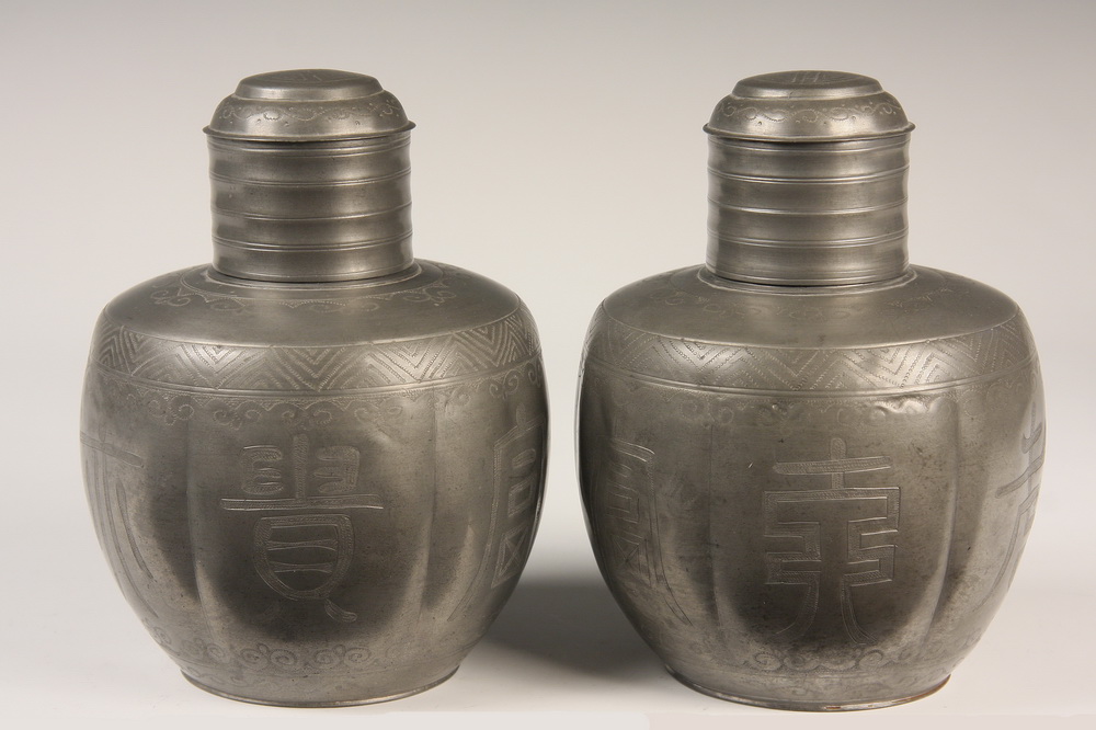 PAIR CHINESE PEWTER TEA CADDIES -
