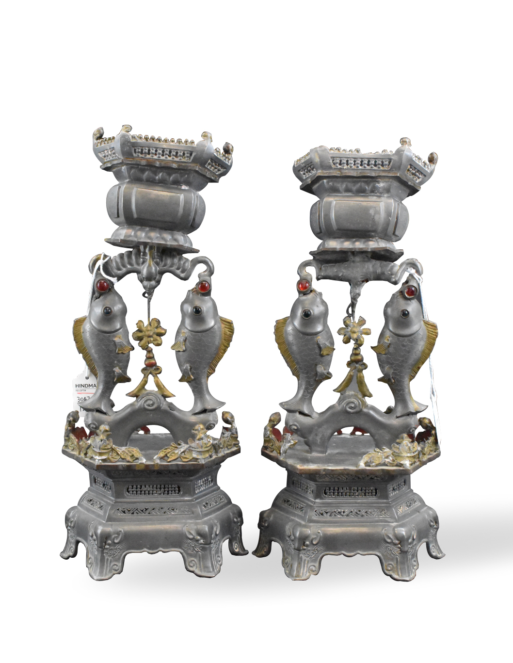 PAIR CHINESE PEWTER TWIN FISH