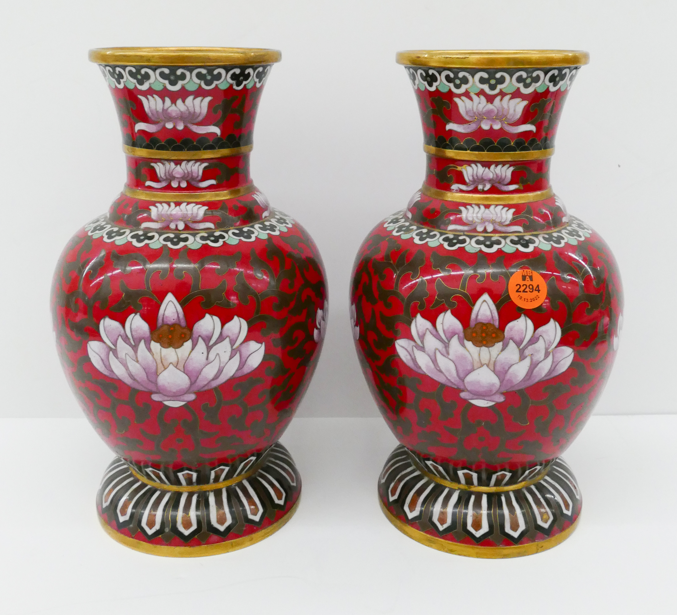 Pair Chinese Red Closionne Lotus
