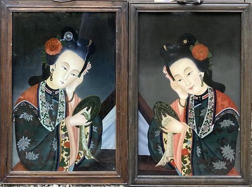 PAIR CHINESE REVERSE PAINTINGS OF