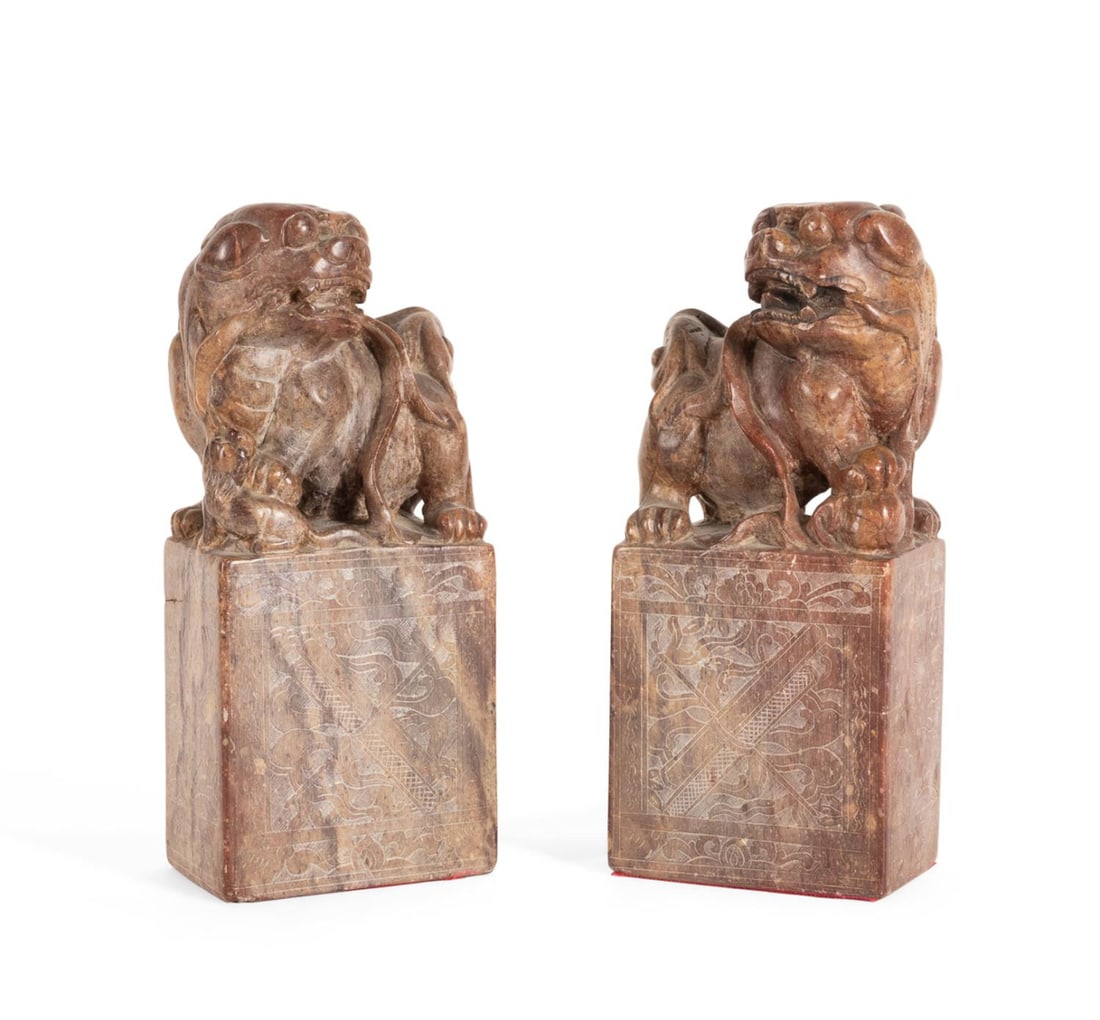 PAIR CHINESE SOAPSTONE GUARDIAN