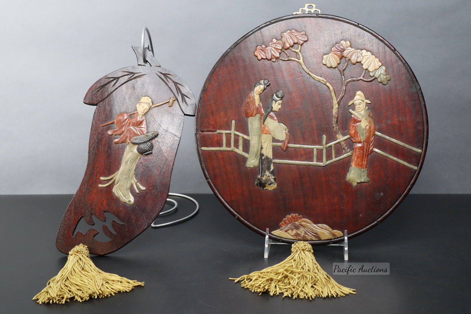PAIR CHINESE SOAPSTONE INLAY WOOD