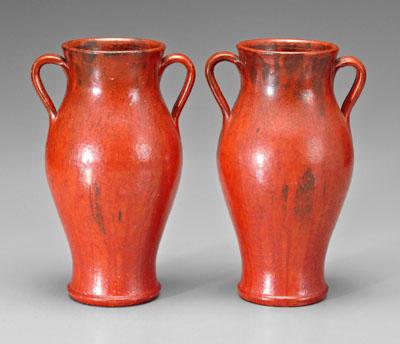 Pair chrome red glazed urns: