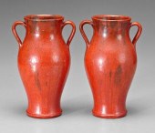 Pair chrome red glazed urns: r