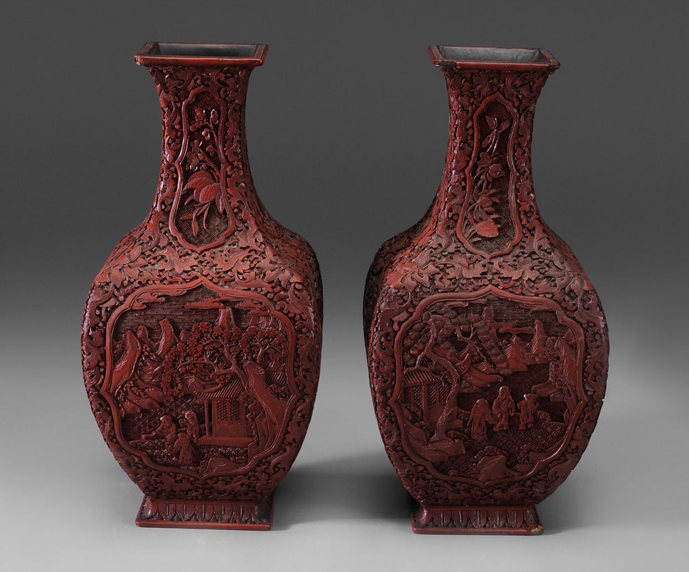Pair Cinnabar Vases Chinese, Qing