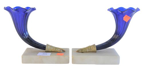 PAIR COBALT CORNUCOPIA VASES,