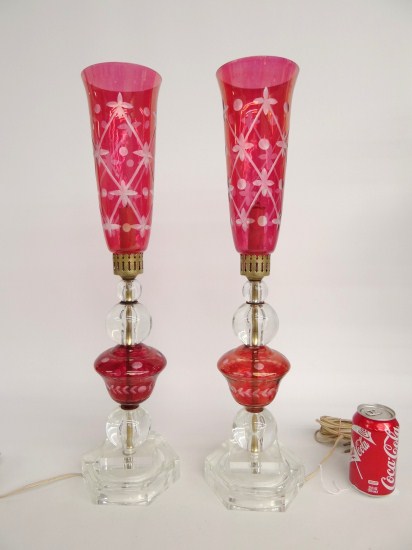 Pair cranberry glass lamps with