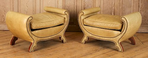 PAIR CURULE FORM LEATHER BENCHES BY