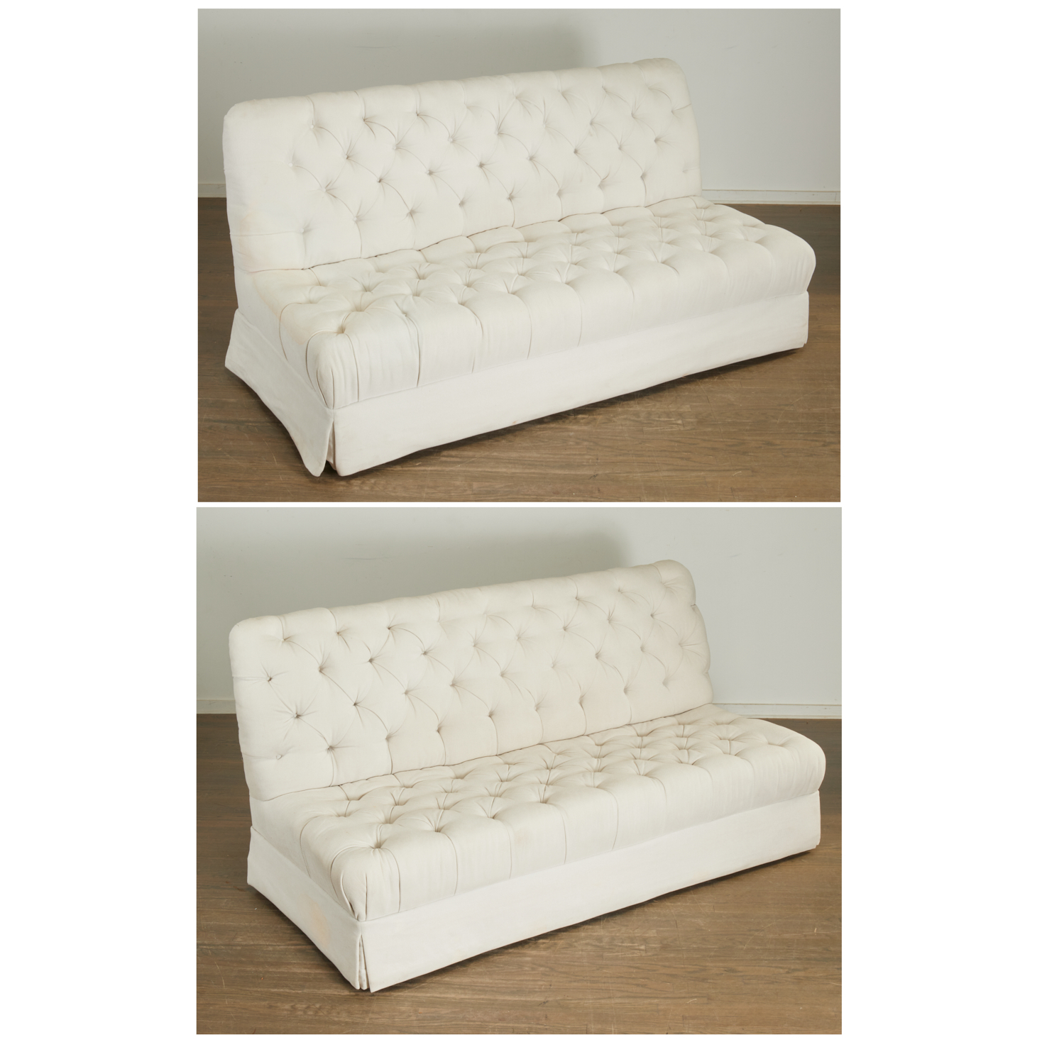 PAIR CUSTOM BUTTON TUFTED SOFAS,