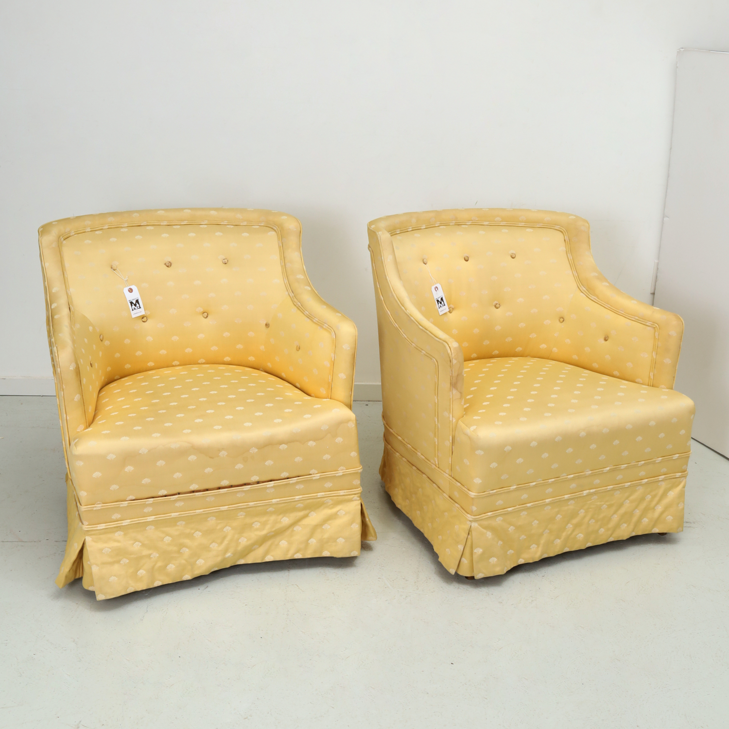 PAIR CUSTOM DAMASK UPHOLSTERED CLUB