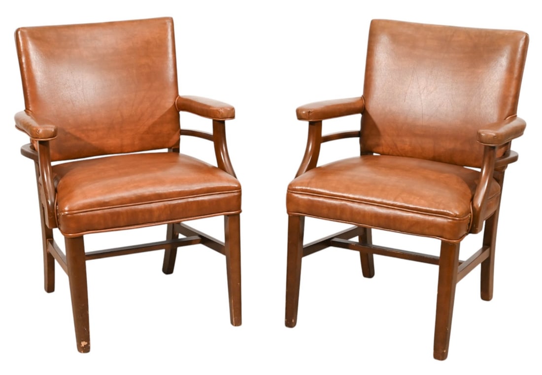 PAIR CUSTOM LEATHER UPHOLSTERED ARM