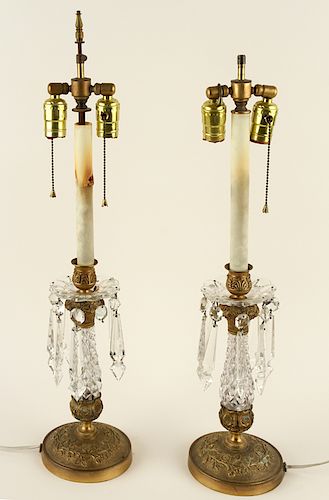 PAIR CUT CRYSTAL BRASS TWO LIGHT