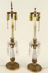 PAIR CUT CRYSTAL BRASS TWO LIG