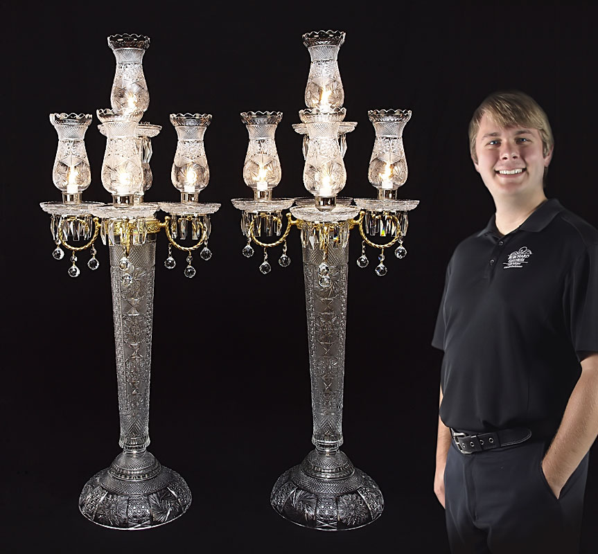 PAIR CUT GLASS CANDELABRA LAMPS: