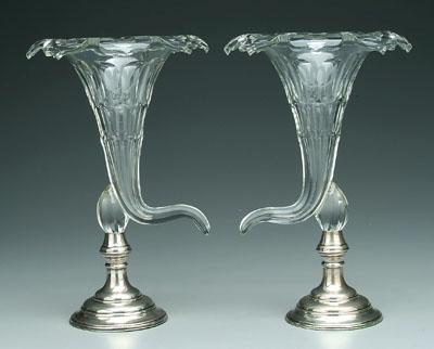Pair cut glass cornucopia vases: