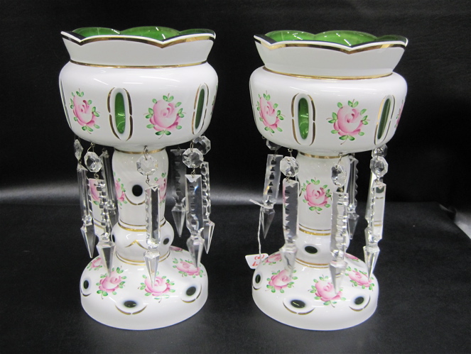 PAIR CZECH GREEN GLASS LUSTRES