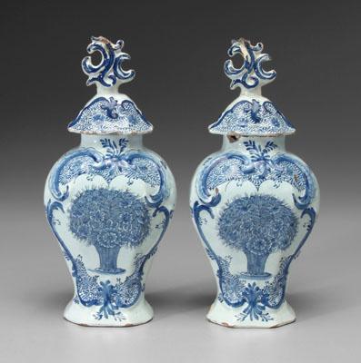 Pair Delft lidded jars: central