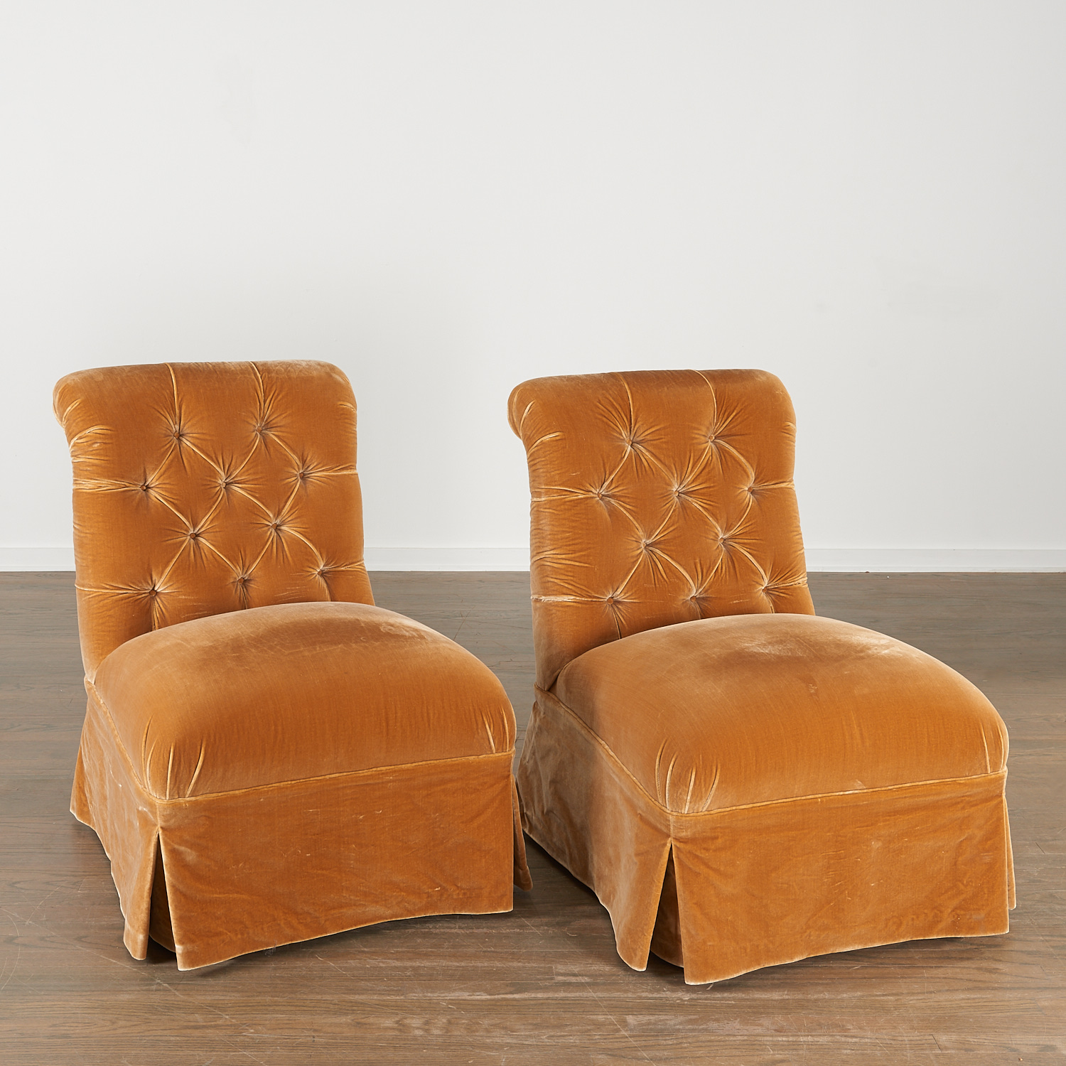 PAIR DESIGNER SKIRTED VELVET CHAIRS