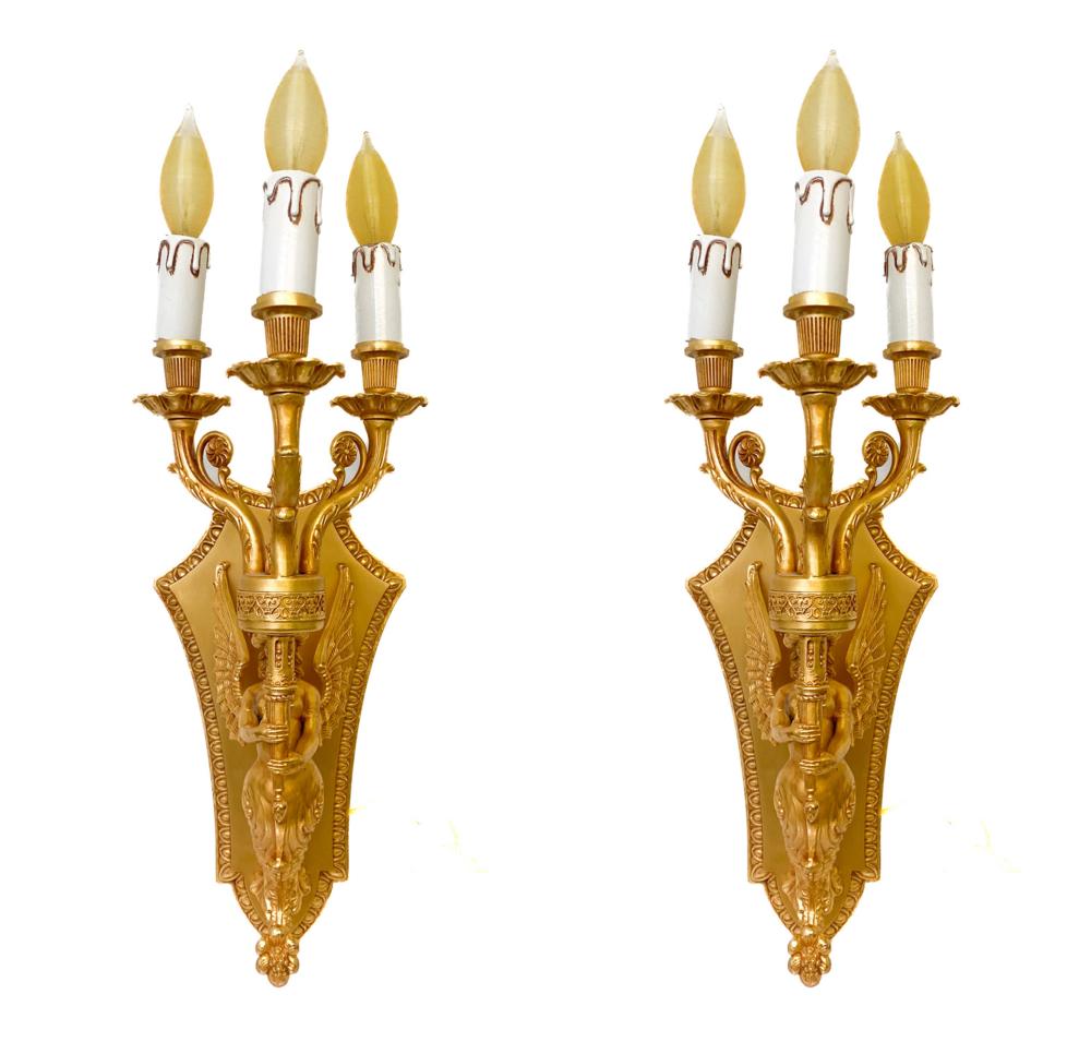 PAIR, DORE BRONZE FIGURAL 3 LIGHT