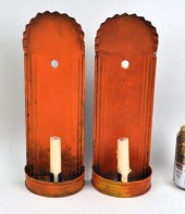 PAIR EARLY ORANGE PAINTED TIN/