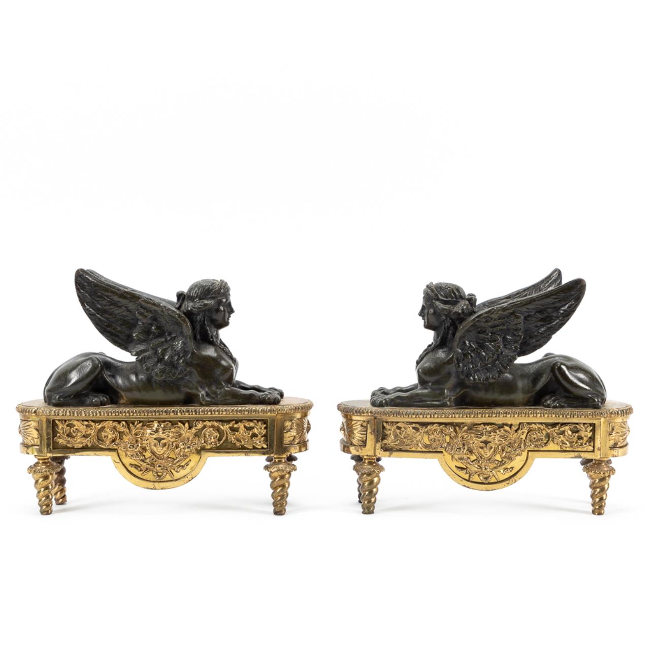 PAIR, EMPIRE STYLE SPHINX FORM FIRE