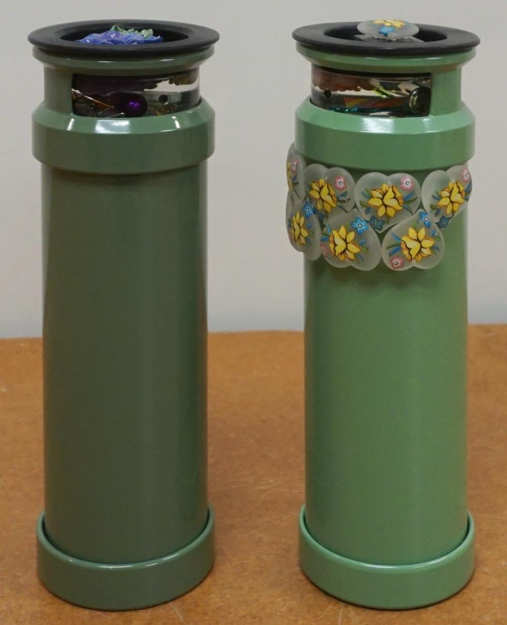 PAIR ENAMELED METAL CYLINDRICAL