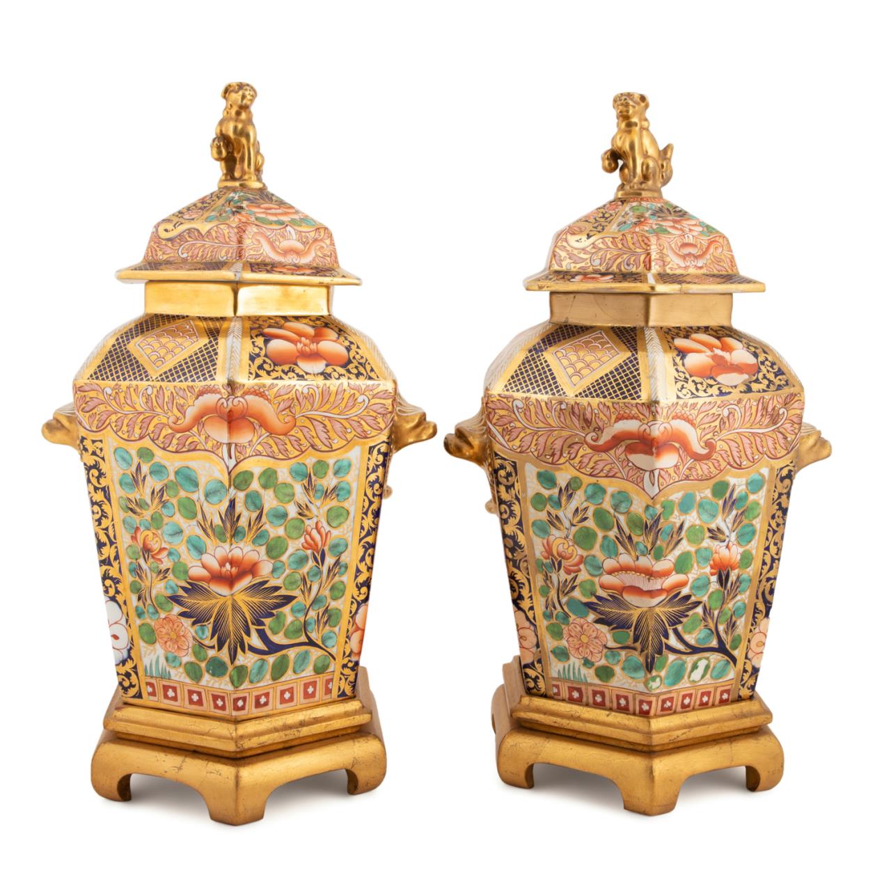 PAIR ENGLISH IMARI LIDDED URNS ON