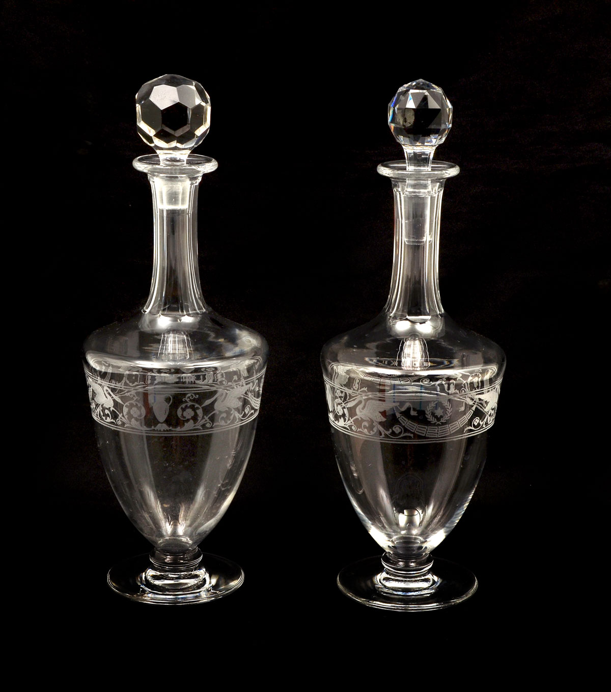 PAIR ENGRAVED BACCARAT DECANTERS: