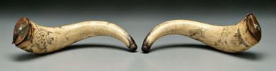 Pair engraved powder horns: