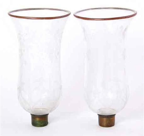 Pair etched glass hurricane