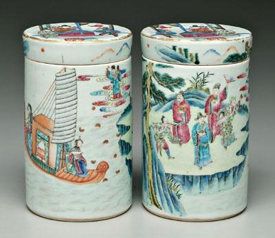 Pair famille rose lidded jars: