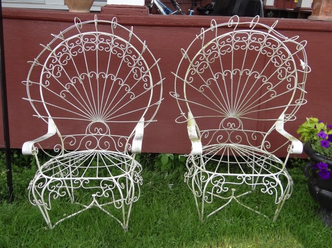 Pair fancy wire chairs.