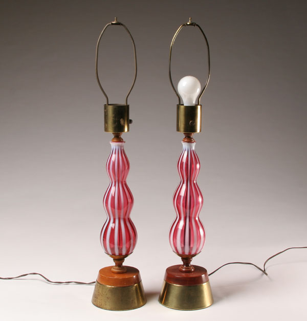 Pair Fenton rib optic glass lamps