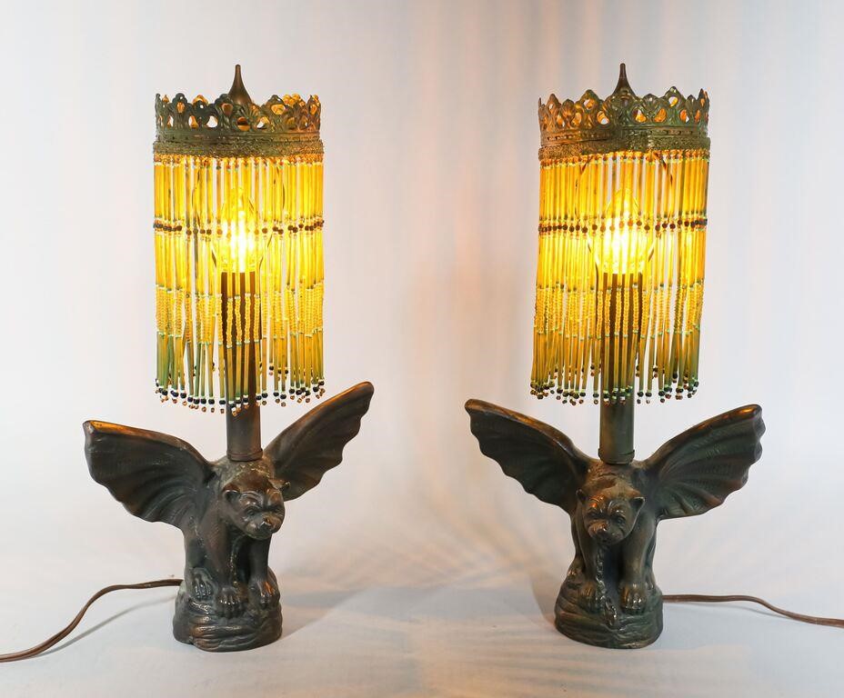 PAIR FIGURAL CAST METAL GARGOYLE