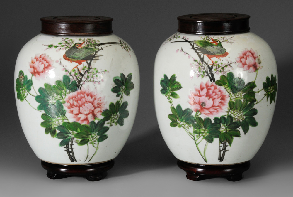 Pair Floral and Bird Decorated